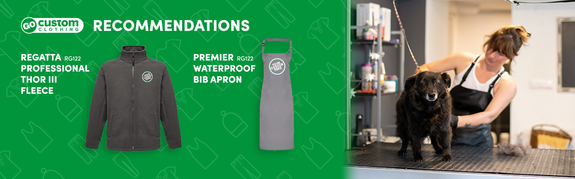 petcare professional washing a dog wearing branded workwear aprons